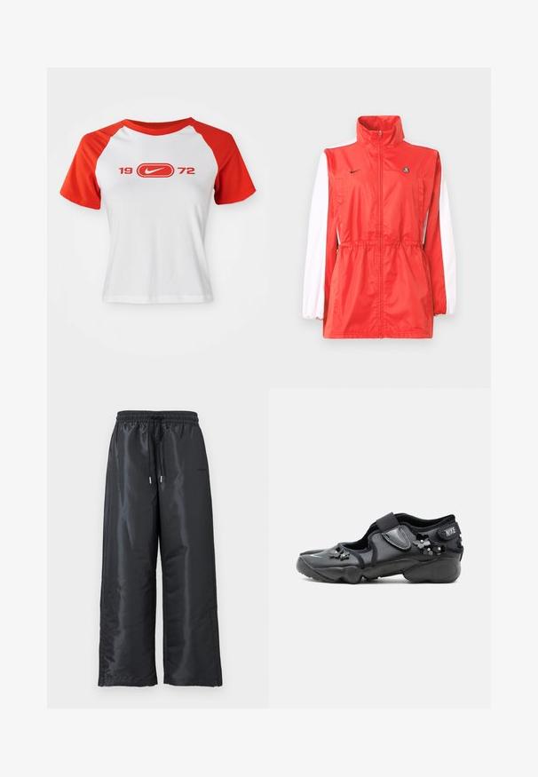 Červená vetrovka s vysokým golierom, bielymi akcentmi na rukávoch, sťahovaním v páse a malým čiernym logom. Vyrobená z ľahkej tkaniny.; Nike tričko s bielym telom a červenými raglánovými rukávmi. Na prednej strane sa nachádza nápis "1972" a logo v červenej farbe. Vyrobené z hladkej jersey látky.; Čierne, široké nohavice z lesklého, hladkého materiálu. Obsahujú elastický pás so šnúrkou a bočné vrecká.; Čierna Nike Air obuv s suchým zipsom, zdobená malými čiernymi kvetinovými ozdobami na boku a vpredu.
