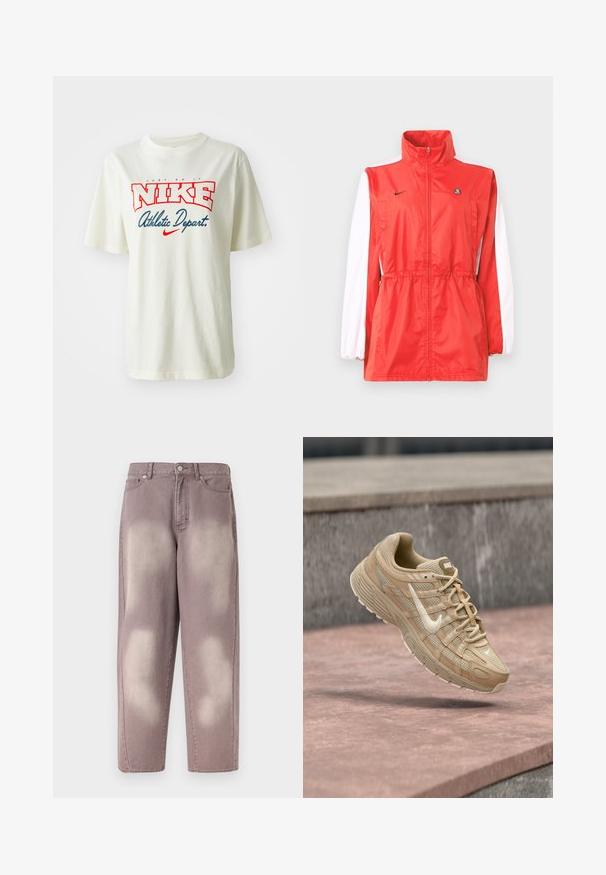Rød vindtæt jakke med høj krave, hvide ærmeaccents, snøre i taljen og et lille sort logo. Fremstillet af letvægtsstof.; Hvid bomulds t-shirt med rød og blå "NIKE" logo med teksten "Just Do It" ovenover og "Athletic Depart." nedenfor, korte ærmer, rund hals.; Lilla falmet denimjeans med høj talje, knaplukning og to forlommer, vist på en ensfarvet baggrund.; Beige Nike-sneaker med hvid Swoosh-logo, mesh og læderoverdel, svævende over en lyserød betongulv med en grå stens baggrund.