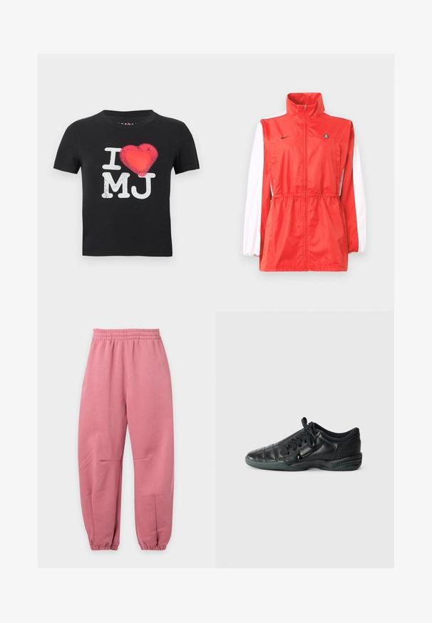 Veste coupe-vent rouge avec un col montant, des accents blancs sur les manches, une taille à cordon de serrage et un petit logo noir. Fabriquée en tissu léger.; T-shirt noir à manches courtes avec le texte blanc "I MJ" et un graphique de cœur rouge remplaçant le mot "love" au centre.; Pantalon de jogging rose avec ceinture et chevilles élastiques, coupe décontractée, présenté sur fond blanc uni.; Chaussure de sport en cuir noir avec un design matelassé, bout arrondi, lacets à l'avant et semelle en caoutchouc. Présente une marque discrète sur le côté.