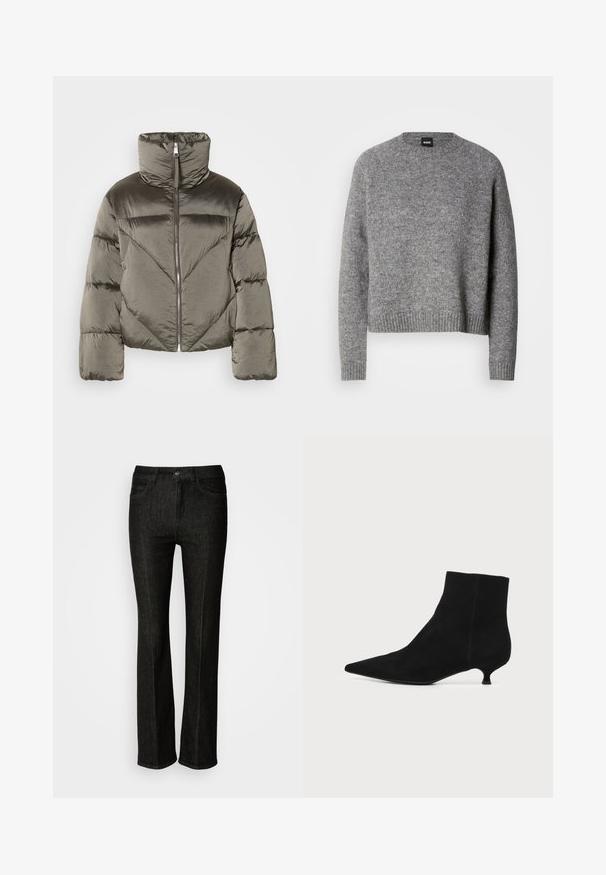 Doudoune olive avec un col montant, une fermeture éclair et un motif de matelassage diagonal. Dispose de manches volumineuses et d'un design cropped.; Pull en tricot gris avec un col rond, des manches longues et des poignets et un ourlet côtelés. Texture douce ; design minimaliste sans motifs ni accents.; Jeans en denim noir à coupe droite, avec une fermeture à bouton, cinq poches et des détails de couture subtils. Texture lisse et design classique.; Bottine en daim noir à bout pointu et talon kitten bas sur fond clair uni.