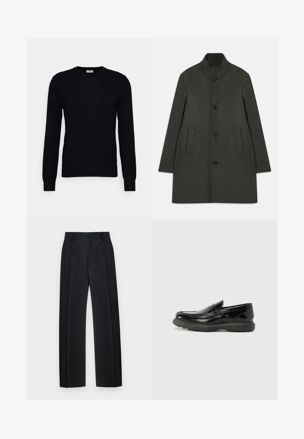 Mørkegrøn uldfrakke med høj krave, fem knapper, to sidelommer og lige silhuet. Blød tekstur og minimalistisk design.; Sort langærmet sweater lavet af blødt strikket materiale. Rund halsudskæring, ribbede manchetter og kant. Minimalistisk design uden synlige mønstre eller knapper.; Sorte skræddersyede bukser med lige ben, forreste folder, bæltestropper og knaplukning ved taljen.; Sort læderloafer med en blank finish, rund tå, subtile syninger og en tyk gummisål for holdbarhed.