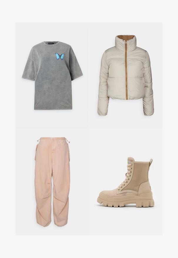 ONLY ONLRICKY REVERSE PUFF JACKET - Zimná bunda - silver; Sivá oversized tričko s krátkym rukávom, okrúhlym výstrihom a malým modrým motýľom potlačeným na ľavom hrudníku.; BDG Urban Outfitters BAGGY CARGO - Džínsy voľného strihu - acid pink; Béžová členková topánka na šnurovanie s hrubou ryhovanou podrážkou a textúrovaným bočným panelom, zobrazuje značkovú štítok a ťaháčik vzadu.