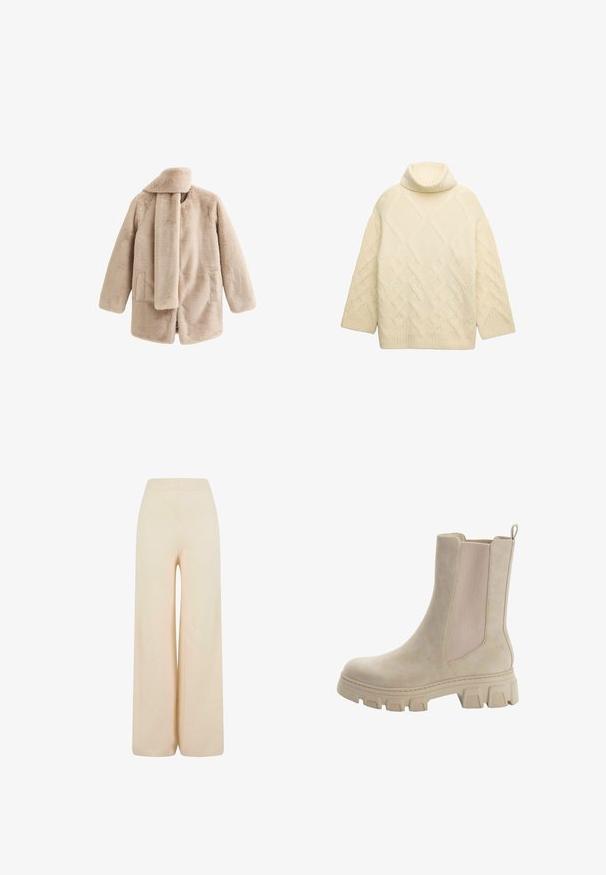 Beige nepbonten jas met een lange kraag, twee voorkanten zakken en een open ontwerp. Zachte textuur en minimalistische vorm.; Crème kabelgebreide coltrui met een losse pasvorm, voorzien van een textuur in een diamanten patroon en geribde kraag en manchetten.; Crème-kleurige wijde broek gemaakt van zachte stof, met een elastische tailleband en een getextureerde ribgebreide afwerking bij de manchetten.; Beige Chelsea boots met een glad leren bovenwerk en elastische zijpanelen. Dikke, robuuste rubberen zool met een kenmerkend profiel en een aantrekstrip.