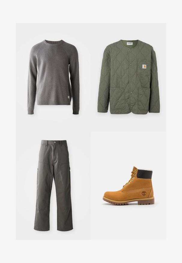 Olivengroene doorgestikte jas met drukknoopsluiting, ronde halslijn, drie opgestikte zakken en een klein Carhartt-logo op de borstzak.; Grijze geribde gebreide trui met lange mouwen en ronde hals. Heeft een gestructureerd oppervlak en een klein logo label aan de zoom.; Grijze cargobroek met een recht model, voorzien van twee voorzakken en extra zijzakken voor opslag. Gemaakt van duurzame stof.; Bruine leren enkellaars met metalen oogjes, witte faux bont voering, zwarte gewatteerde kraag, robuuste zool en een reliëflogo aan de zijkant.