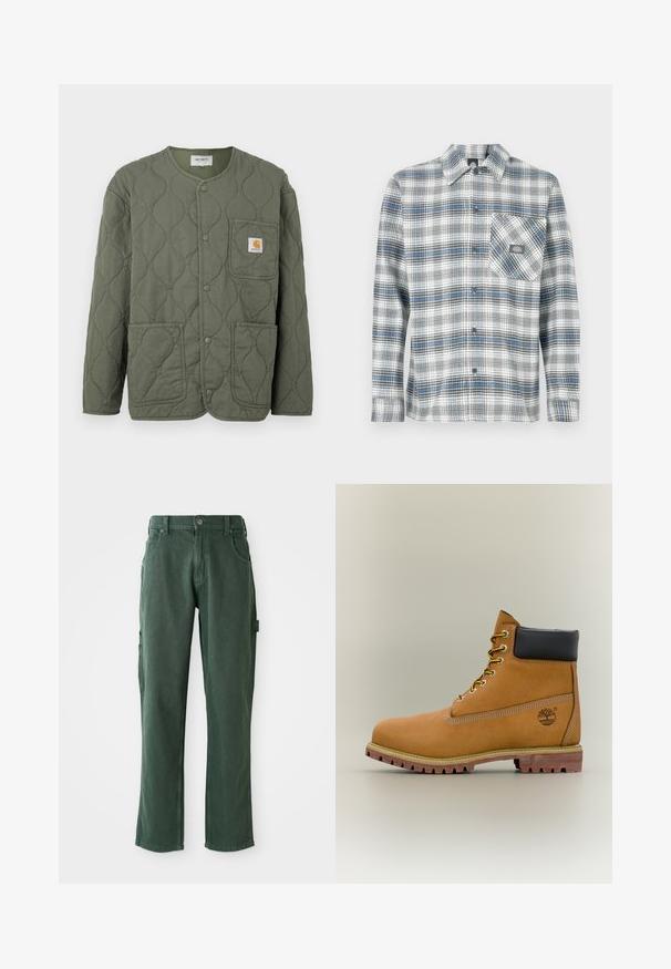 Olivgrüne gesteppte Jacke mit Druckknöpfen, rundem Ausschnitt, drei aufgesetzten Taschen und einem kleinen Carhartt-Logo auf der Brusttasche.; Langärmeliges kariertes Hemd in Grau, Blau und Weiß. Verfügt über einen Knopfkragen und eine linke Brusttasche mit Logopatch.; Grüne Cargo-Hosen aus Baumwollmischung mit geradem Schnitt, Taschen und tonalem Stepp. Glatte Textur mit subtiler Ausstrahlung.; Brauner Leder-Stiefelette mit schwarzem Kragen, gelben Schnürsenkeln und hellbrauner Sohle. Verfügt über ein Logo und weiße Ziernähe. Robuste Profilsohle.