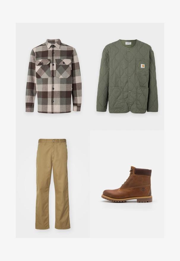 Olivengrøn quiltet jakke med trykknapper, rund halsudskæring, tre påsyede lommer og et lille Carhartt-logo på brystlommen.; Rute skjorte i brune, grønne og beige nuancer. Har krave, to brystlommer og knaplukninger foran. Tekstureret stof.; Khaki chinos med lige bendesign, lavet af glat bomuldsstof. Har en knaplukning foran og sidelommer.; Brun læder vandrestøvle med en glat finish, polstret ankel, metalliske snørehuller og en gummisål med et robust dækmønster.