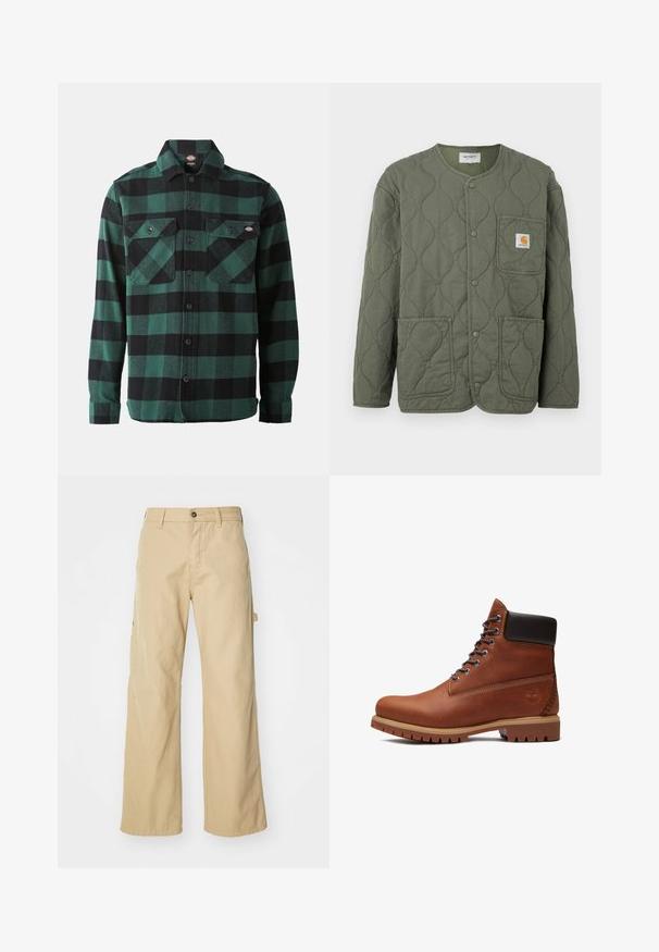 Oliivinvihreä tikkitakki, jossa painonapit, pyöreä pääntie, kolme päälitaskua ja pieni Carhartt-logo rintataskussa.; Vihreä ja musta ruutukoosteinen flanellipaita, jossa on pitkät hihat, nappikiinnitys edessä, kaksi rintataskua ja klassinen kaulus. Pehmeä rakenne, monikäyttöinen muotoilu.; Beige leveled cargo-housut nappisuljennolla, joissa on sivutaskut, valmistettu kestävästä puuvillakankaasta, sileä pinta ja suora leikkaus.; Ruskea nahkainen nauhallinen saapas, jossa musta pehmustettu kaulus, paksu vaaleanruskea pohja ja kantakyljessä kohokuvioitu puun logo.