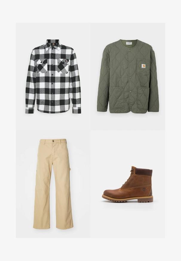 Olivovo zelená prešívaná bunda s patentnými gombíkmi, okrúhlym výstrihom, tromi náprsnými vreckami a malým logom Carhartt na náprsnom vrecku.; Čierno-biely flanelový košeľa s károvaným vzorom, s dvoma náprsními vreckami, zapínaním na gombíky a golierom. Mäkčená, štruktúrovaná tkanina.; Béžové široké cargo nohavice s gombíkovým zapínaním, so bočnými vreckami, vyrobené z odolnej bavlnenej látky, hladkej textúry a rovného strihu.; Hnedé kožené turistické topánky s hladkým povrchom, polstrovaným členkom, kovovými okami a gumovou podrážkou s drsným vzorom.