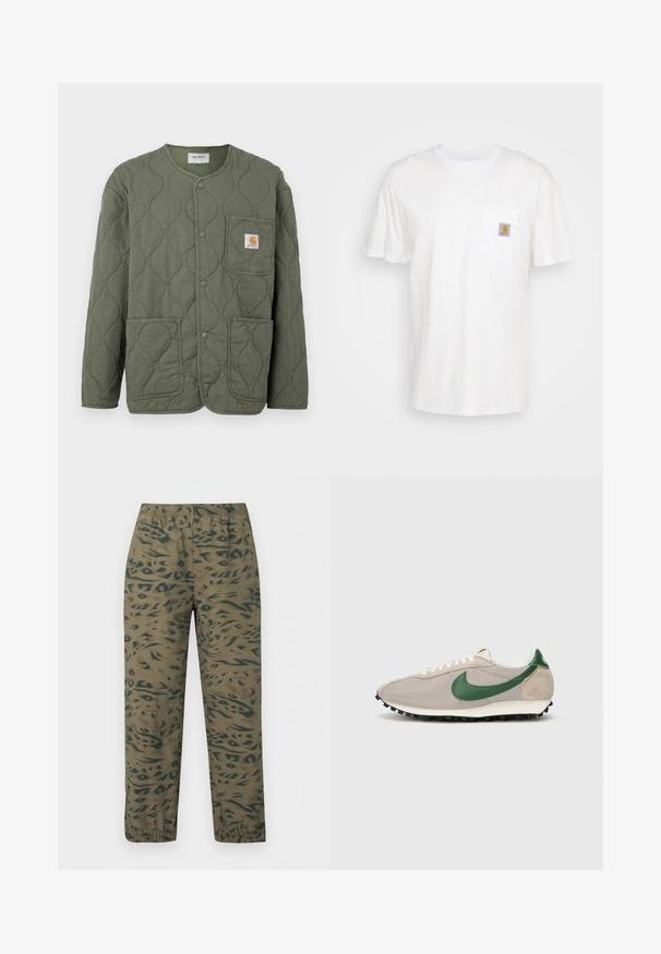 Olivgrüne gesteppte Jacke mit Druckknöpfen, rundem Ausschnitt, drei aufgesetzten Taschen und einem kleinen Carhartt-Logo auf der Brusttasche.; Weißes Baumwoll-T-Shirt mit kurzen Ärmeln, einer Brusttasche und einem kleinen quadratischen Logopatch in Orange und Weiß auf der Tasche.; Olivgrüne Jogginghose mit dunkelgrünem abstraktem Tiermuster, elastischem Bund und elastischen Bündchen an den Knöcheln.; Beige Laufschuhe mit grünen Wildlederakzenten, strukturiertem Mesh-Obermaterial, cremefarbenen Schnürsenkeln und einer schwarzen Gummisohle mit Traktionsnoppen.