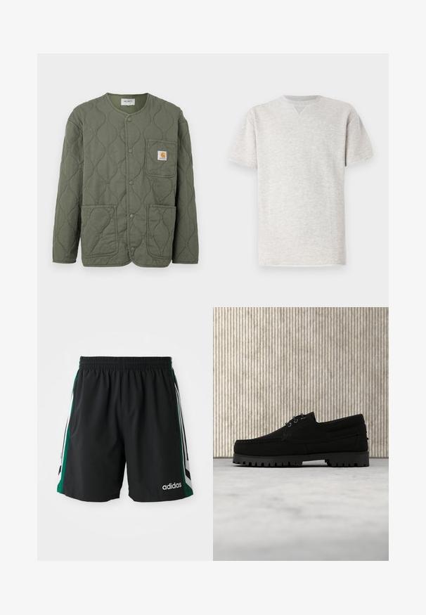 Olivgrüne gesteppte Jacke mit Druckknöpfen, rundem Ausschnitt, drei aufgesetzten Taschen und einem kleinen Carhartt-Logo auf der Brusttasche.; Graues T-Shirt mit kurzen Ärmeln aus weichem Stoff. Verfügt über einen klassischen Rundhalsausschnitt und eine lockere Passform mit einer subtilen melierten Textur.; Schwarze Sportshorts mit elastischem Bund, ausgestattet mit grünen und weißen Seitestreifen sowie dem weißen "adidas"-Logo auf der Vorderseite.; Schwarzer Schnürschuh mit dicker, profilierter Sohle schwebt über beigem Teppich, brauner moderner runder Tisch vor weichem, beleuchtetem Hintergrund.