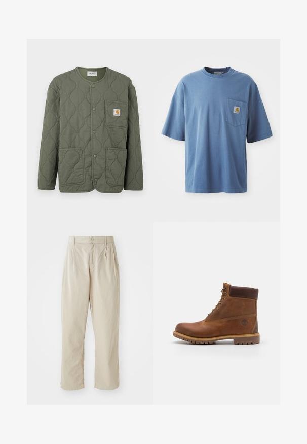 Olivengrøn quiltet jakke med trykknapper, rund halsudskæring, tre påsyede lommer og et lille Carhartt-logo på brystlommen.; Blå bomulds t-shirt med rund halsudskæring, korte ærmer og en venstre brystlomme med et logo patch. Glat tekstur og afslappet pasform.; Beige, lette bukser med en afslappet pasform, indsyede folder foran, knaplukning og opbrettede kanter. Glat tekstur, minimalistisk design.; Brun læder vandrestøvle med en glat finish, polstret ankel, metalliske snørehuller og en gummisål med et robust dækmønster.
