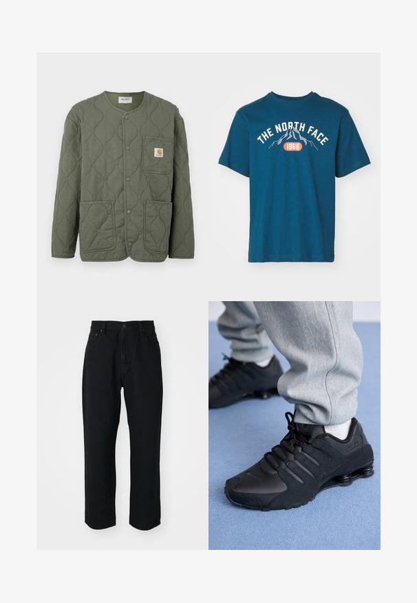 Olivengrøn quiltet jakke med trykknapper, rund halsudskæring, tre påsyede lommer og et lille Carhartt-logo på brystlommen.; The North Face M VARSITY GRAPHIC RELAXED SS TEE - T-shirts print - midnight petrol; Sorte denim jeans med lige snit, letvægts stof, fem-lomme design og en knaplukning i taljen.; Person iført sorte Nike Shox sneakers og grå joggingbukser, der står på lyseblåt tæppe.