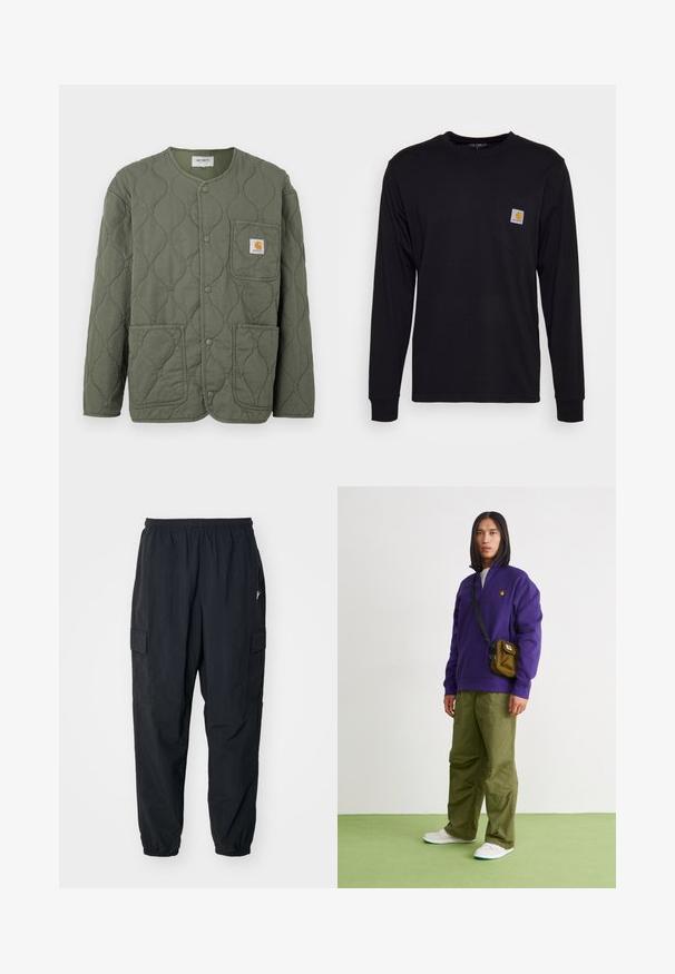 Oliivinvihreä tikkitakki, jossa painonapit, pyöreä pääntie, kolme päälitaskua ja pieni Carhartt-logo rintataskussa.; Mustapaita, jossa on pitkät hihat ja joka on valmistettu puuvillasta. Siinä on rintatasku, jossa on neliömäinen harmaa etiketti ja oranssi logo. Yksinkertainen, yksivärinen muotoilu.; Mustat cargo-housut, jotka on valmistettu kevyestä materiaalista. Niissä on joustava vyötärö, sivutaskut ja rento istuvuus joustavilla lahkeensuilla.; Jordan AIR JORDAN 1 ZM CMFT 2 - Korkeavartiset tennarit - summit white/bicoastal/oxidized green