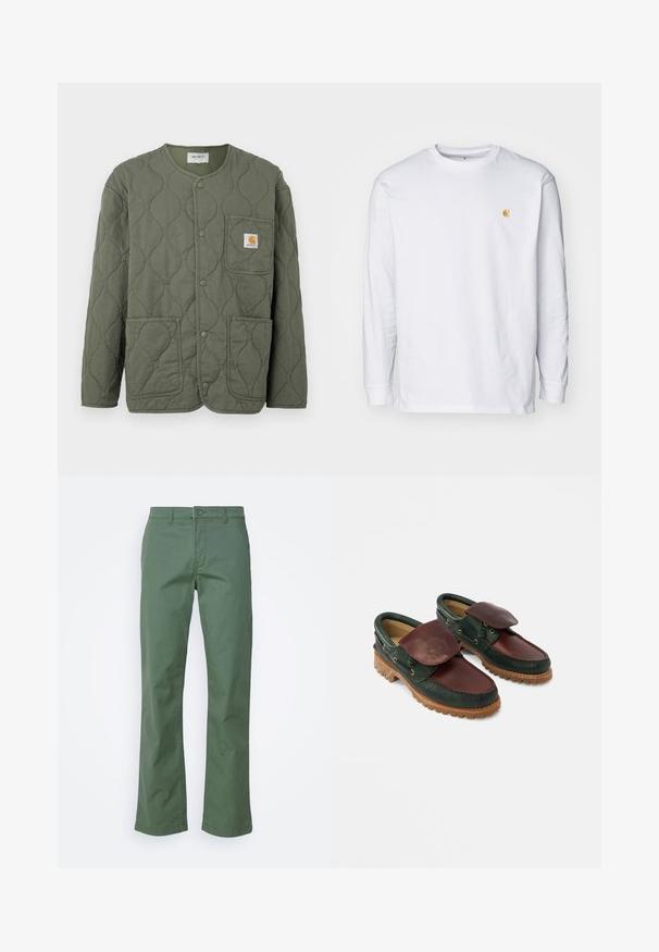 Veste matelassée vert olive avec boutons-pression, encolure ronde, trois poches plaquées et un petit logo Carhartt sur la poche poitrine.; T-shirt à manches longues blanc en coton. Présente un petit logo doré sur la poitrine et un col rond. Design simple et coupe standard.; Pantalon en coton vert avec une coupe droite, doté d'une fermeture à bouton sur le devant et de poches latérales. Texture lisse et sans motifs.; Chaussures en cuir avec un corps vert foncé, un dessus bordeaux, un bout rond, un rabat sécurisé et une semelle en caoutchouc texturée avec des rainures.
