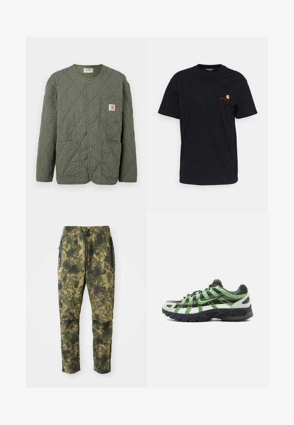 Olivovo zelená prešívaná bunda s patentnými gombíkmi, okrúhlym výstrihom, tromi náprsnými vreckami a malým logom Carhartt na náprsnom vrecku.; Čierne bavlnené tričko s krátkymi rukávmi, okrúhlym výstrihom a malým farebným logom na ľavej hrudi. Klasický strih s hladkou textúrou.; Kárované nohavice v rôznych odtieňoch zelenej farby s digitálnym vzorom. Vybavené elastickým pásom, šnúrkou na stiahnutie a bočnými vreckami so zipsom.; Čierno-biela bežecká obuv so zelenými akcentmi, sieťovaným zvrškom a hrubou čiernou podrážkou, zobrazená z boku na bielom pozadí.