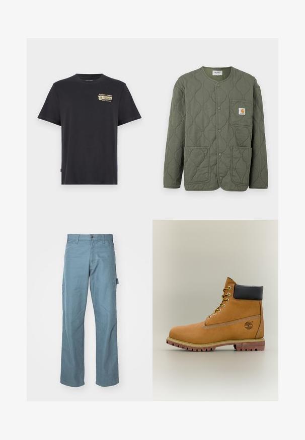 Olivengroene doorgestikte jas met drukknoopsluiting, ronde halslijn, drie opgestikte zakken en een klein Carhartt-logo op de borstzak.; Zwarte katoenen t-shirt met een ronde hals en korte mouwen, voorzien van een gouden grafische print op de linkerborst met de tekst "ELEMENT X TIMBER".; Lichtblauwe katoenen cargobroeken hebben een rechte pijpdesign, twee zijzakken en een enkele lus op de taille voor extra functionaliteit.; Bruine leren enkellaars met zwarte kraag, gele veters en een zandkleurige zool. Voorzien van een logo en witte stikseldetails. Robuuste loopzool met grip.