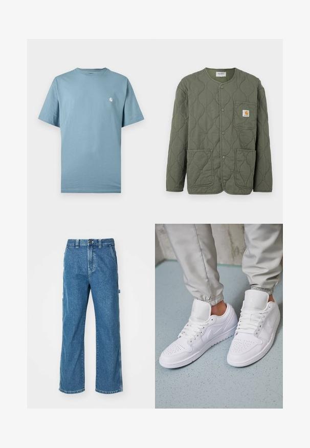 Chaqueta acolchada verde oliva con botones a presión, escote redondo, tres bolsillos de parche y un pequeño logo de Carhartt en el bolsillo del pecho.; Camiseta azul claro de manga corta con cuello redondo y un pequeño logo blanco en el pecho izquierdo, mostrada sobre un fondo liso.; Pantalones cargo de mezclilla azul con un corte relajado, que cuentan con bolsillos laterales, cremallera en la bragueta y costuras de contraste en las costuras.; Las zapatillas deportivas de cuero blanco cuentan con una caja de dedos perforada, cordones planos, un cuello acolchado y el logo de Jordan en la lengüeta. Las llevan puestas con pantalones joggers grises.
