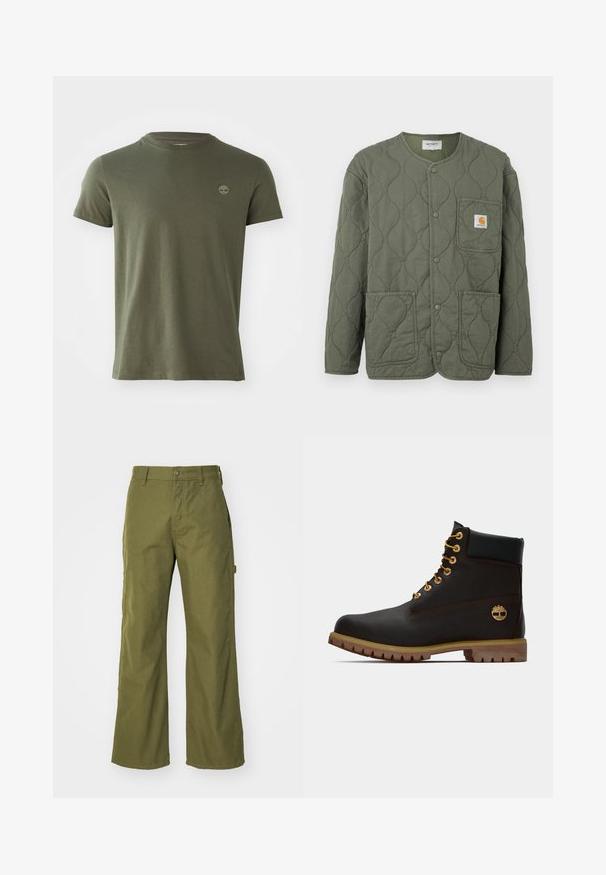 Olivengroene doorgestikte jas met drukknoopsluiting, ronde halslijn, drie opgestikte zakken en een klein Carhartt-logo op de borstzak.; Olijf groene katoenen t-shirt met een ronde hals, korte mouwen en een klein geborduurd logo op de borst. Soepele textuur, klassieke pasvorm.; Olijfgroene wijde broek van duurzaam materiaal, met een knoopsluiting, zijzakken en een rechte zoom.; Zwarte leren enkellaars met gouden oogjes, bruine accenten en een rubberen zool. Heeft een gevoerde kraag en geperst logo aan de zijkant.