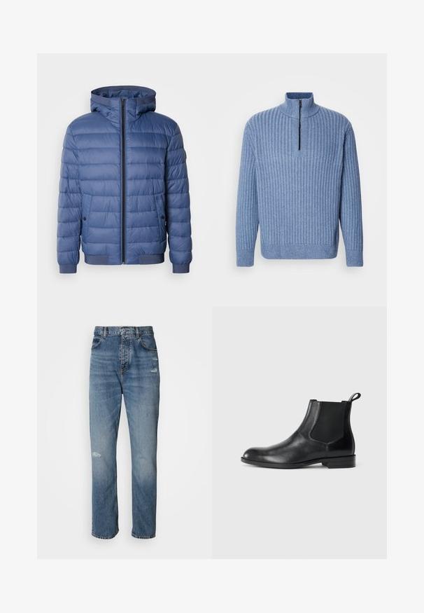 Veste rembourrée bleue avec capuche, dotée d'une fermeture éclair, de poignets et d'un bas côtelés, et d'une texture matelassée. Comprend des poches latérales avec des boutons-pression.; Pull en tricot côtelé bleu clair avec un col montant et une fermeture éclair partielle au niveau du cou ; il a des manches longues et un ourlet droit.; Jean en denim bleu clair au design droit, avec une fermeture à bouton et zip, cinq poches et des détails usés près des genoux.; Bottine en cuir noir avec des panneaux latéraux élastiques, bout rond et tirette. Texture lisse, semelle plate, design minimaliste.