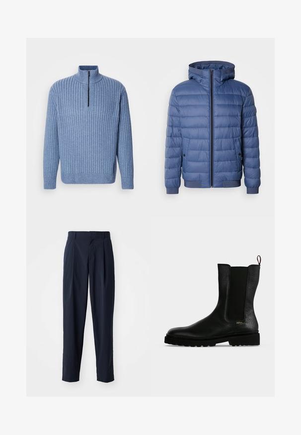 Blaue Pufferjacke mit Kapuze, mit Reißverschluss, gerippten Bündchen und Saum sowie gestepptem Material. Einschließlich seitlicher Taschen mit Druckknöpfen.; Hellblau gestrickter Pullover mit Rippenstruktur, Stehkragen und teilweisem Reißverschluss am Hals; verfügt über lange Ärmel und einen geraden Saum.; Marineblaue maßgeschneiderte Hose mit geradem Bein, mit gefaltetem Vorderteil, Gürtelschlaufen und glatter Textur.; Schwarzer Leder-Stiefelette mit elastischem Seitenteil, grober Sohle und Zuglasche hinten, mit kleinem goldenem "Hugo" Logo nahe der Ferse.