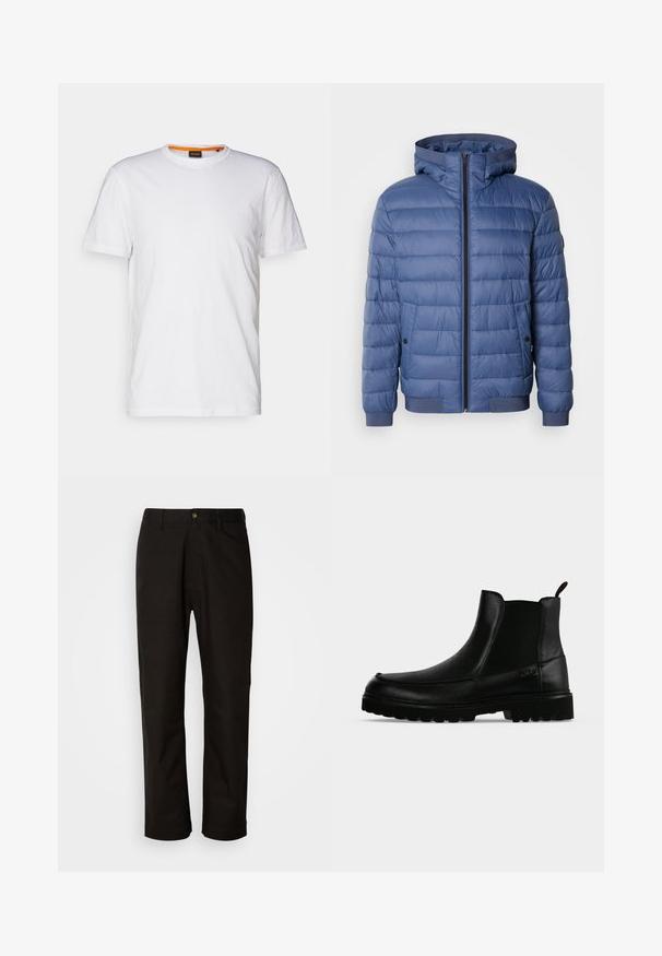 Blaue Pufferjacke mit Kapuze, mit Reißverschluss, gerippten Bündchen und Saum sowie gestepptem Material. Einschließlich seitlicher Taschen mit Druckknöpfen.; Weißes Baumwoll-T-Shirt mit Rundhalsausschnitt, kurzen Ärmeln und einem dezenten geprägten Logo auf der Brust. Das Innenschild hat einen orangefarbenen Akzent.; Schwarze Baumwollhosen mit geradem Schnitt, Gürtelschlaufen, einem Reißverschluss vorne und einem einzelnen Knopfverschluss. Glatte Textur ohne sichtbare Muster.; Schwarzer Lederknöchelstiefel mit strukturierter Sohle, elastischen Seitenteilen und Zuglasche vor einem hellgrauen Hintergrund.
