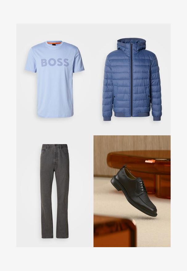 Chaqueta de plumas azul con capucha, cuenta con cierre de cremallera, puños y dobladillo acanalados, y textura acolchada. Incluye bolsillos laterales con botones a presión.; Camiseta de algodón azul claro con cuello redondo y mangas cortas, que presenta la palabra "BOSS" destacada en letras gruesas de color púrpura oscuro.; Vaqueros de mezclilla gris con un diseño de pierna recta, que cuentan con bolsillos frontales, un cierre de botón y una textura sutil.; Zapato de vestir negro de piel con cordones y parte delantera texturizada, flotando sobre una alfombra beige en una habitación moderna con muebles de tono ámbar.
