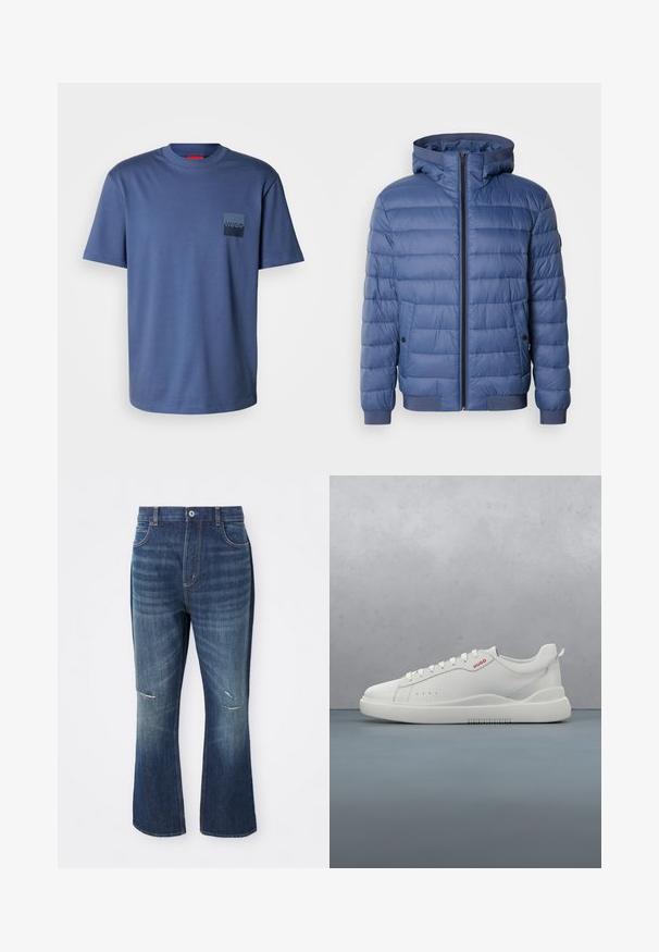 Blaue Pufferjacke mit Kapuze, mit Reißverschluss, gerippten Bündchen und Saum sowie gestepptem Material. Einschließlich seitlicher Taschen mit Druckknöpfen.; Blaues kurzärmliges T-Shirt aus weicher Baumwolle, mit einer quadratischen Tasche und einem dunkelblauen Logo. Klassisches Rundhalsdesign.; Blaue Jeans im Schlagstil mit leichter Abnutzung an beiden Knien und einem Knopfverschluss an der Taille, vor einem weißen Hintergrund präsentiert.; Weiße Sneaker aus glattem Leder, runde Spitze, vier Ösen, dezente Perforationen und ein rotes Logodetail an der Seite.