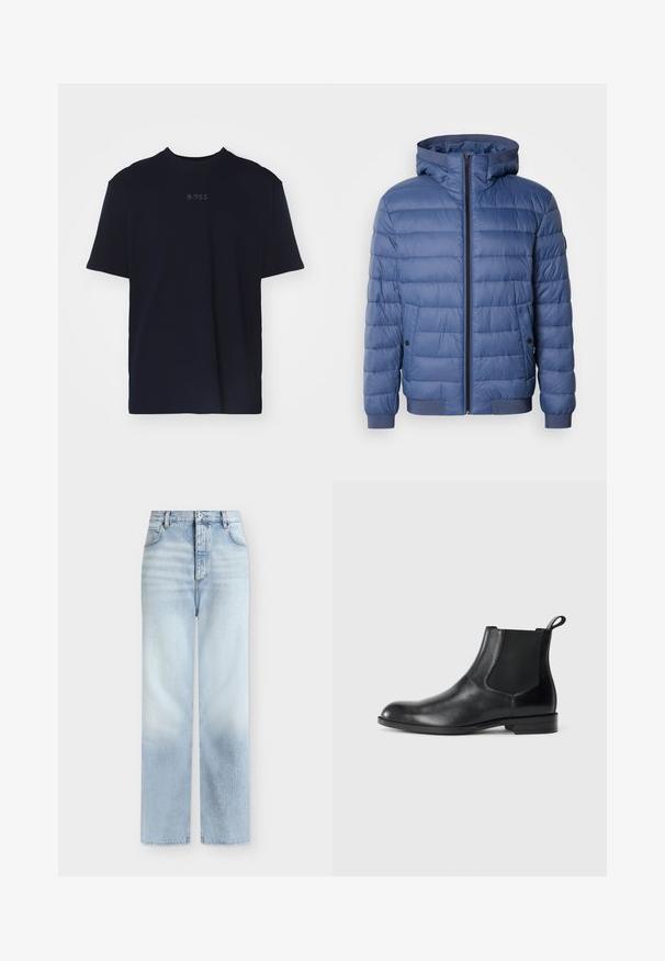Chaqueta de plumas azul con capucha, cuenta con cierre de cremallera, puños y dobladillo acanalados, y textura acolchada. Incluye bolsillos laterales con botones a presión.; Camiseta de algodón azul marino de manga corta y escote redondo, con un logo gris "BOSS" centrado en el pecho.; Vaqueros azul claro de talle alto y pierna recta con bolsillos delanteros, trabillas para cinturón y cierre de botón.; Botín negro de cuero hasta el tobillo con paneles elásticos a los lados, punta redondeada y lengüeta. Textura suave, suela plana, diseño minimalista.