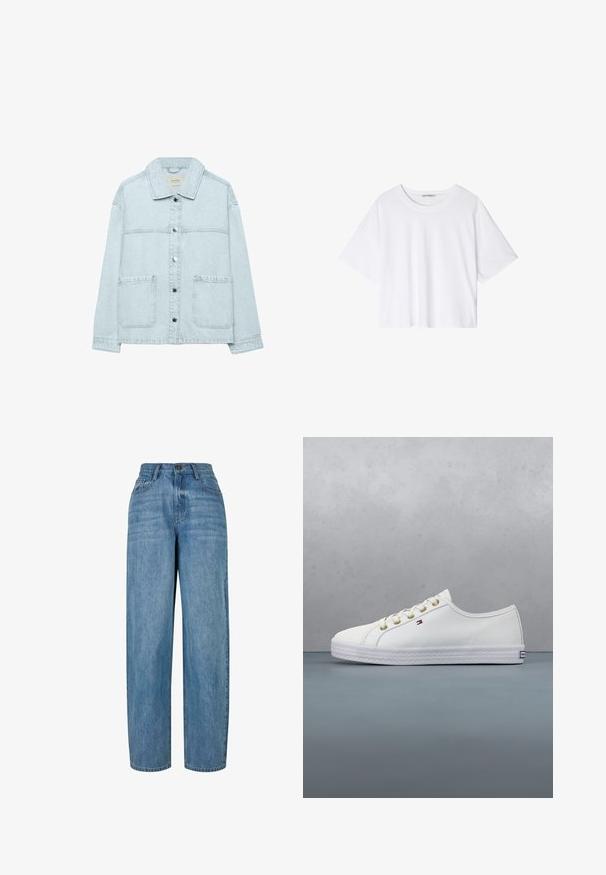 Lichtblauwe spijkerjas met kraag, metalen knoopsluiting, lange mouwen en twee voorzakken.; Witte cropped katoenen T-shirt met korte mouwen, ronde halslijn en een losse pasvorm, getoond op een effen witte achtergrond.; Lichtblauwe denim jeans met een recht gesneden design, voorzien van een knoopsluiting, vijf zakken en subtiele vervagingen door de stof.; Witte canvas sneaker met gouden veterogen, platte veters, gestructureerde rubberen zool en minimalistische branding aan de zijkant. Laagprofiel ontwerp.