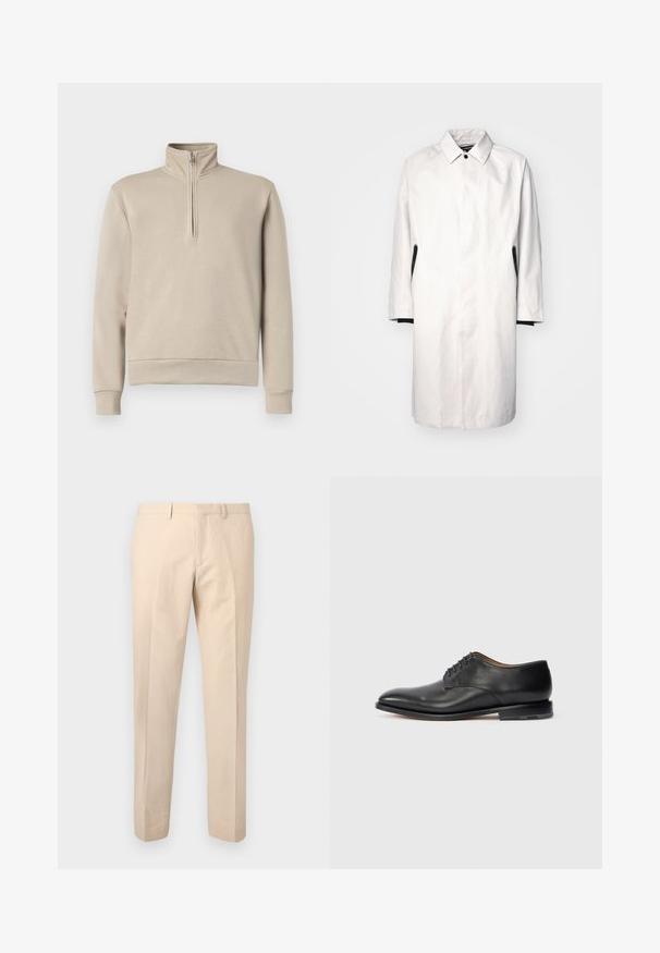 Lys grå, knælængde frakke med krave, knaplukning og sorte detaljer på siderne. Lavet af glat, letvægtsstof.; Beige mock neck sweatshirt med halv-zip foran, lange ærmer og ribbede manchetter og kant. Blød stofstruktur, minimalistisk design.; Beige bukser med slank pasform, bæltestropper, forreste lynlås og buksefolder ned ad benene, vist på en lys grå baggrund.; Sort læder Oxford sko med lukket snøring, rund tå og lav hæl på plain hvid baggrund.