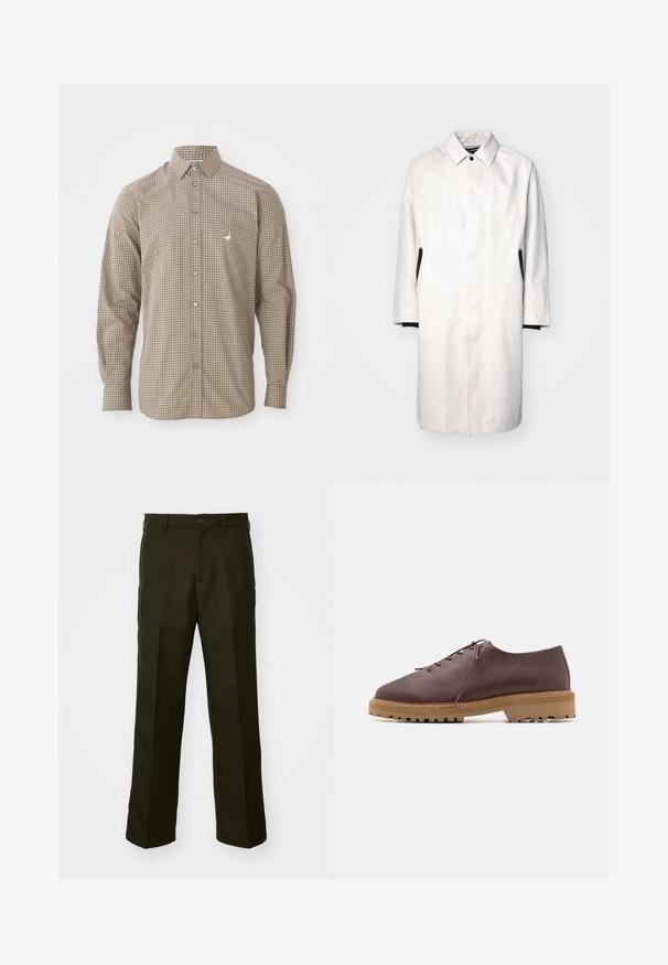 Lys grå, knælængde frakke med krave, knaplukning og sorte detaljer på siderne. Lavet af glat, letvægtsstof.; Brun og beige ternet langærmet skjorte med button-down krave, lomme og lille broderet logo på brystet.; The Kooples PANTALON - Bukser - kaki; Brune lædersko med en tekstureret overflade, rund tå og en let gummisål med zigzag-mønstret slidbane.
