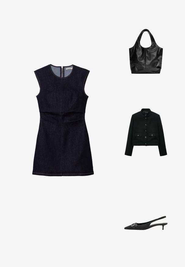 Sort cropped jakke lavet af tekstureret stof, med høj krave, frontknapper og to klaplommer med knaplukninger.; Mørk denim ærmeløs kjole med en tætsiddende overdel og en flagrende nederdel. Har en lynlås i ryggen og enkle stikninger.; Sort stof slingback-pumpe med spids tå, prydet med en dekorativ firkantet spænde og en lav hæl. Glat tekstur og minimalistisk design.; Sort læder tote taske med en glat overflade, en blød, afrundet top og brede håndtag. Har minimal syning og en afslappet silhuet.