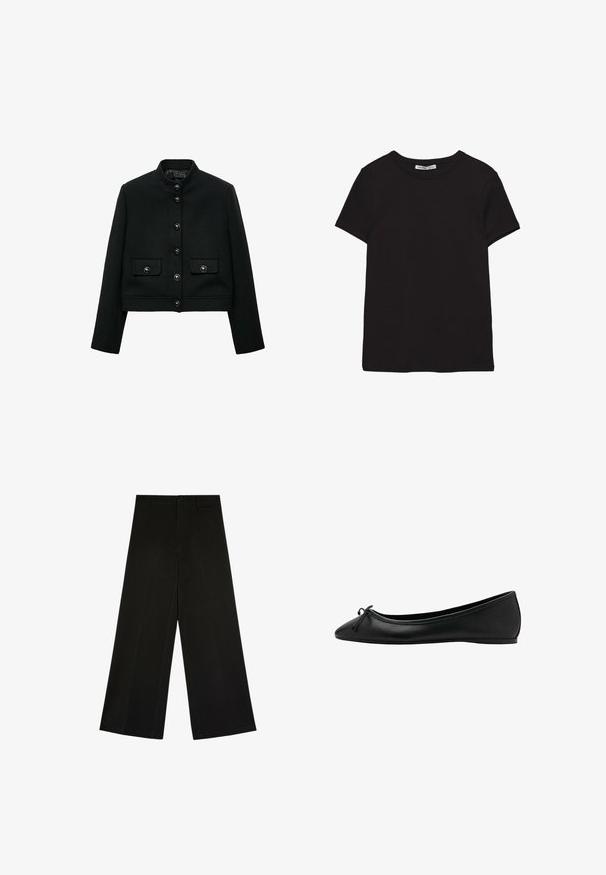 Zwarte cropped jas van gestructureerde stof, met een hoge kraag, knopen aan de voorkant en twee klepzakken met knoopsluitingen.; Zwart katoenen T-shirt met korte mouwen, ronde hals, standaard pasvorm en zichtbaar binnenlabel in de nek.; Zwarte wijde broek met knoop- en ritsluiting, riemlussen en voorplooi-details, plat liggend op een witte achtergrond.; Zwarte leren ballerina met puntige neus en klein strikdetail aan de voorkant, platte zool, zijaanzicht.