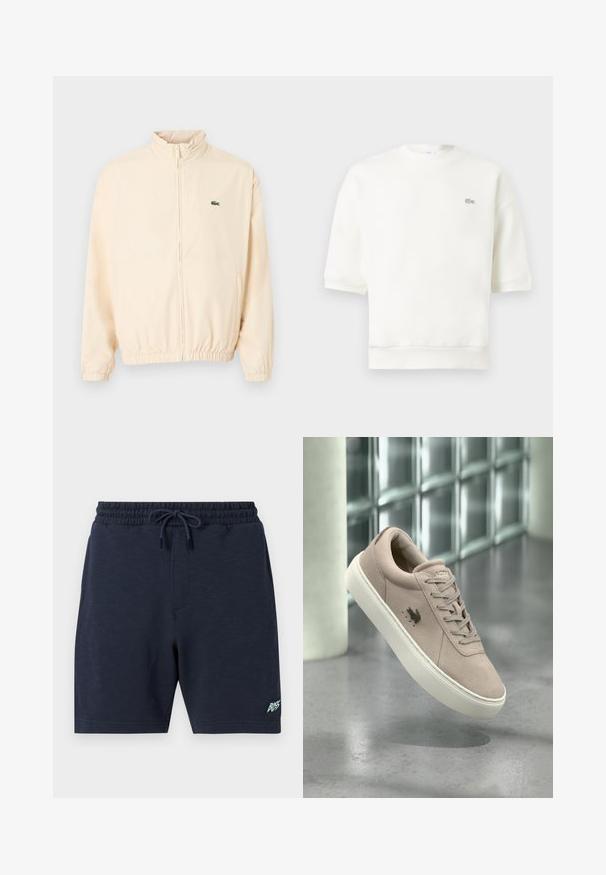 Veste beige à fermeture éclair avec poignets et ourlet élastiques, col montant, et petit logo crocodile vert sur le côté gauche de la poitrine.; Sweat-shirt blanc à manches courtes avec col rond et petit logo crocodile brodé sur le côté gauche de la poitrine.; Short bleu marine pour homme avec taille élastique et cordon, avec petit logo "BOSS" sur la partie inférieure de la jambe gauche.; Baskets en daim beige clair avec semelle blanche, design à lacets et logo oiseau noir sur le côté, présentées devant un fond moderne en blocs de verre.