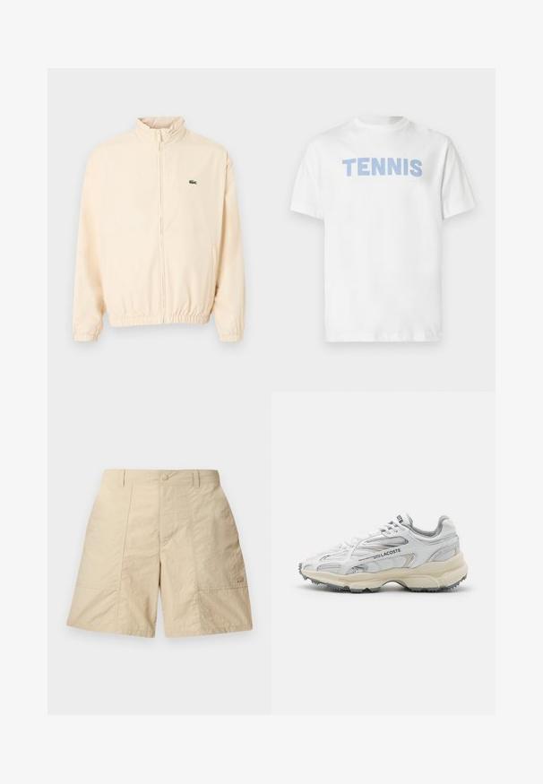 Beige Reißverschlussjacke mit elastischen Bündchen und Saum, hohem Kragen und kleinem grünem Krokodil-Logo auf der linken Brust.; Weißes Baumwoll-T-Shirt mit kurzen Ärmeln, auf der Brust prangt das Wort "TENNIS" in hellblauen Blockbuchstaben.; Beige Shorts mit strukturierter Oberfläche, die über einen vorderen Knopfverschluss, zwei seitliche Taschen und ein kleines Logo auf der unteren rechten Seite verfügen.; Weiße Sportschuhe mit grauen Akzenten, Obermaterial aus Mesh und Synthetik, Schnürdesign und rutschfester Gummisohle mit Strukturmustern.