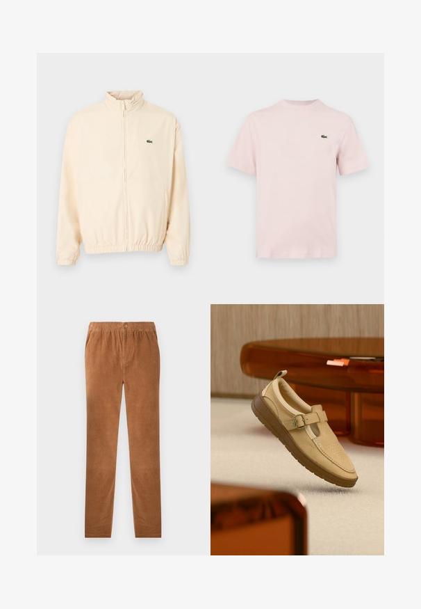 Chaqueta beige con cremallera, puños y dobladillo elásticos, cuello alto y pequeño logo de cocodrilo verde en el lado izquierdo del pecho.; Camiseta sencilla de manga corta en color rosa claro con un pequeño logo verde de cocodrilo en el pecho izquierdo, mostrada sobre un fondo blanco.; Pantalones de pana marrón con cintura elástica, que cuentan con un cierre de botón. Diseño de pierna recta y tela suave y texturizada.; Zapato beige de cuero sin cordones con correa de hebilla y suela de goma marrón, posicionado en el aire sobre un suelo alfombrado claro y cerca de un mueble translúcido ámbar.