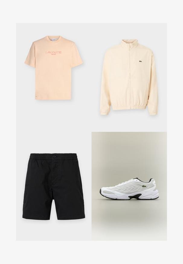 Veste beige à fermeture éclair avec poignets et ourlet élastiques, col montant, et petit logo crocodile vert sur le côté gauche de la poitrine.; T-shirt à manches courtes couleur pêche clair avec «LACOSTE PARIS» imprimé en rose délavé sur le devant et un petit crocodile brodé près de l'ourlet.; Shorts noirs pour hommes avec taille élastique, fermeture à bouton et longueur mi-cuisse, présentés sur un fond neutre.; Baskets de sport blanches avec un dessus en mesh texturé, un design courbé et une semelle noire contrastante. Présente un logo brodé vert sur le côté.