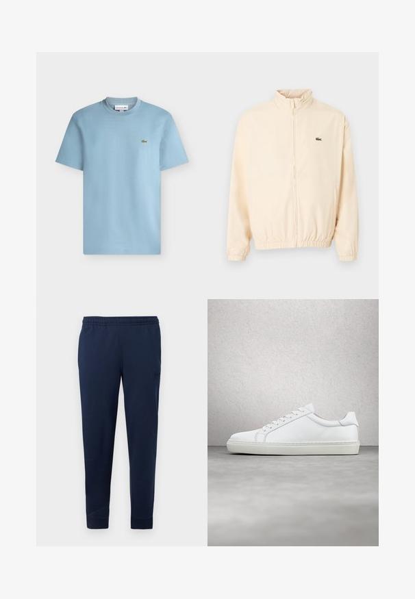 Veste beige à fermeture éclair avec poignets et ourlet élastiques, col montant, et petit logo crocodile vert sur le côté gauche de la poitrine.; T-shirt bleu clair à manches courtes et col rond avec un petit logo crocodile vert sur le côté gauche de la poitrine.; Pantalon de jogging bleu marine avec taille élastique et poignets aux chevilles, arborant un logo discret en patch sur la cuisse supérieure.; Sneaker blanche avec une tige en cuir lisse et un profil bas. Présente un bout arrondi, six œillets et une semelle en caoutchouc texturé.