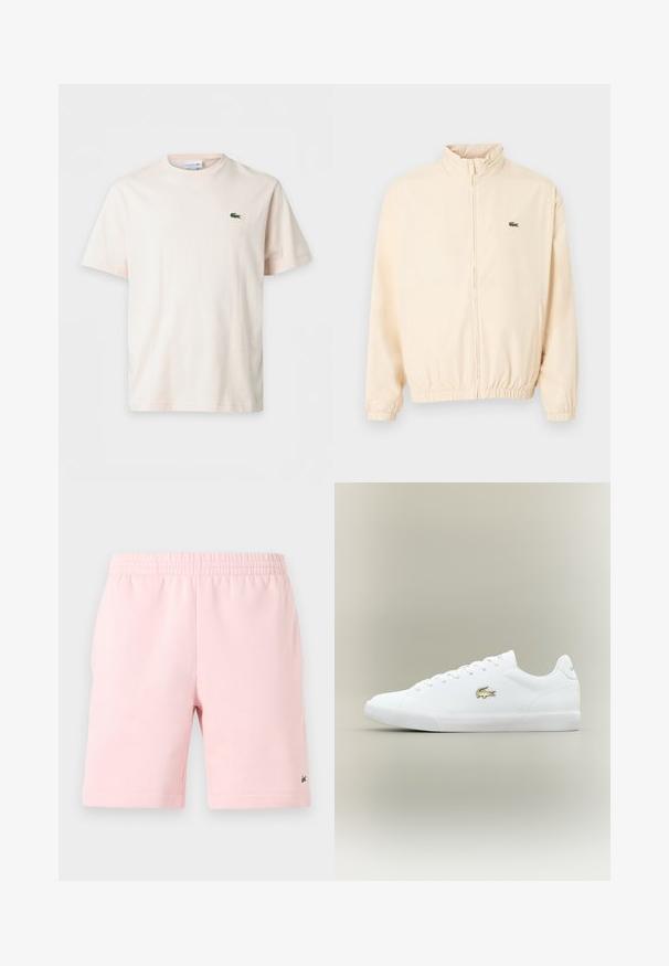 Veste beige à fermeture éclair avec poignets et ourlet élastiques, col montant, et petit logo crocodile vert sur le côté gauche de la poitrine.; T-shirt uni beige clair à manches courtes avec col rond et petit logo crocodile vert sur la poitrine gauche.; Shorts à taille élastique rose avec poches latérales et petit logo crocodile brodé près de l'ourlet sur la jambe droite.; Baskets en cuir blanc avec logo doré, lacets plats, semelle blanche texturée, bout rond et design minimaliste.