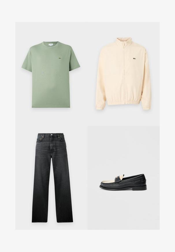 Beige lynlåsjakke med elastiske manchetter og kant, høj krave og lille grønt krokodillelogo på venstre bryst.; Lysegrøn bomulds T-shirt med rund halsudskæring, korte ærmer og et lille logo på venstre bryst. Glat tekstur, standard pasform.; Sorte denimbukser med lige ben, der har fem lommer og knappelukning. Stof har en let glans og synlig tekstur.; Sort lædersko med beige detaljer, dekorative syninger, firkantet tå, diskrete metaldele og flad sål; glat tekstur.