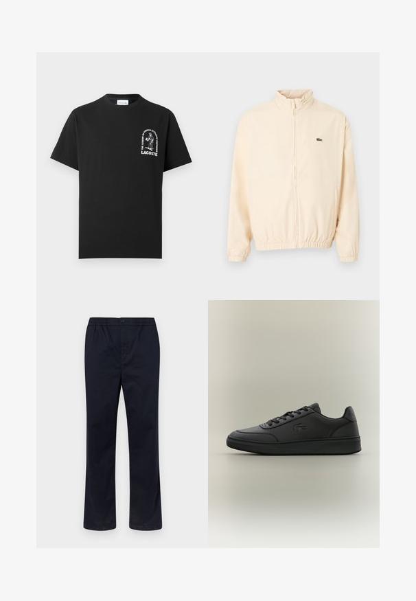 Veste beige à fermeture éclair avec poignets et ourlet élastiques, col montant, et petit logo crocodile vert sur le côté gauche de la poitrine.; T-shirt Lacoste noir à manches courtes avec un motif blanc et le texte « La légende de l'élégance française continue » sur le côté gauche de la poitrine.; Pantalon pour homme bleu marine avec ceinture élastique, fermeture par bouton et coupe droite, sur un fond uni clair.; Baskets noires en matériau synthétique lisse, avec un design bas, bout rond, système de laçage à l'avant, logo en relief et semelle texturée.