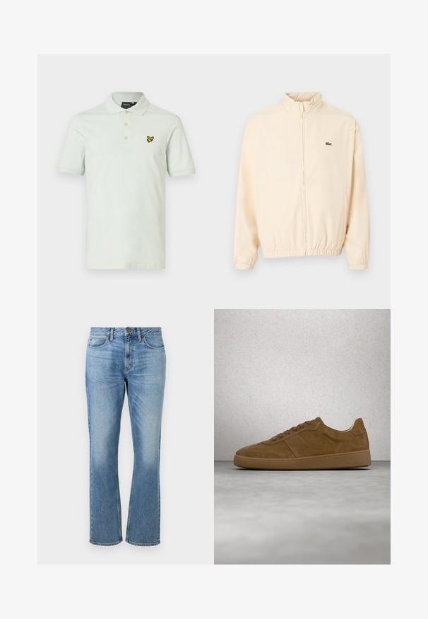 Veste beige à fermeture éclair avec poignets et ourlet élastiques, col montant, et petit logo crocodile vert sur le côté gauche de la poitrine.; Polo vert clair en coton, avec une patte de boutonnage à trois boutons et un logo papillon jaune brodé sur la poitrine gauche.; Jeans en denim bleu clair avec un design à jambe droite, dotés d'une fermeture à bouton à l'avant, de cinq poches et de zones décolorées pour une texture.; Baskets en daim marron avec des lacets couleur fauve et une semelle en caoutchouc. Présente un bout arrondi et des détails cousus sur la tige. Design léger.