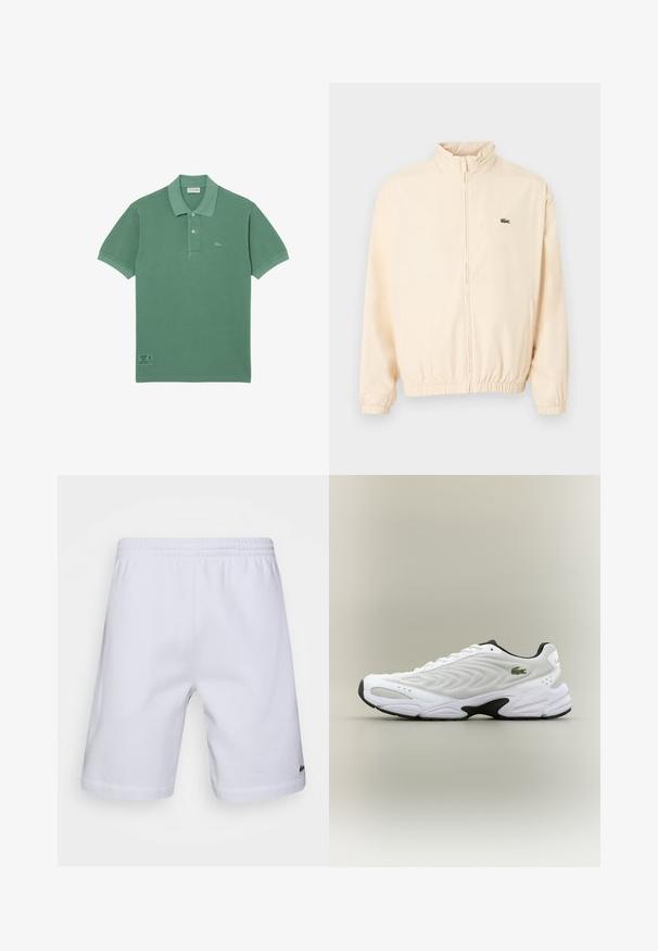 Chaqueta beige con cremallera, puños y dobladillo elásticos, cuello alto y pequeño logo de cocodrilo verde en el lado izquierdo del pecho.; Camisa polo de algodón verde con un clásico cierre de tres botones, mangas cortas y un pequeño logo en el lado izquierdo del pecho.; Shorts de algodón blancos con cintura elástica. Presentan un diseño corto y un pequeño logotipo en la parte inferior de la pierna derecha.; Zapatilla deportiva blanca con parte superior de malla texturizada, diseño curvado y suela exterior negra en contraste. Presenta un logo verde bordado en el lateral.