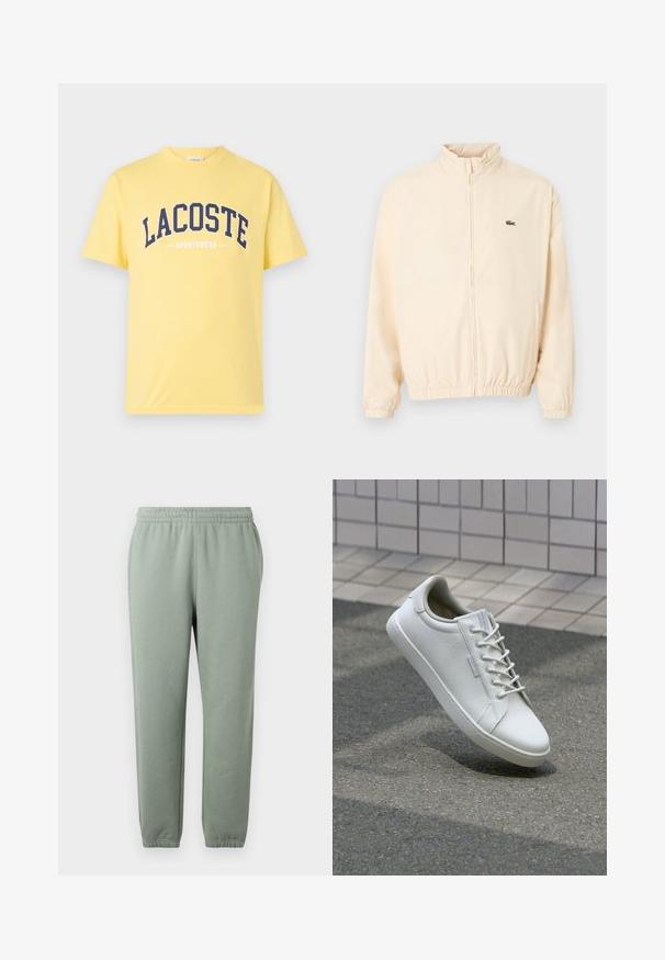 Chaqueta beige con cremallera, puños y dobladillo elásticos, cuello alto y pequeño logo de cocodrilo verde en el lado izquierdo del pecho.; Camiseta de algodón amarilla con el logo "LACOSTE" en azul marino y el texto "SPORTSWEAR" debajo. Diseño sencillo de cuello redondo con mangas cortas.; Pantalones de chándal verde claro con una cinturilla elástica, piernas ajustadas y puños en los tobillos. Fabricados con un tejido suave y ligero.; Zapatilla blanca hecha de cuero texturizado, con un cierre de cordones en la parte delantera, suela de goma resistente y un diseño minimalista con puntera reforzada.
