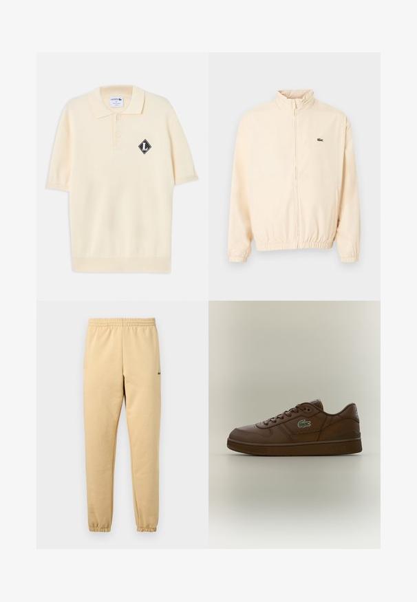 Veste beige à fermeture éclair avec poignets et ourlet élastiques, col montant, et petit logo crocodile vert sur le côté gauche de la poitrine.; Polo crème à manches courtes avec deux boutons et un écusson logo noir en forme de losange avec un "L" blanc sur la poitrine gauche.; Pantalon de jogging beige avec taille élastique et poignets, arborant un petit logo crocodile vert brodé sur la cuisse droite.; Baskets basses en cuir marron avec un design à lacets et un logo crocodile vert sur le côté, présentées sur un fond neutre uni.