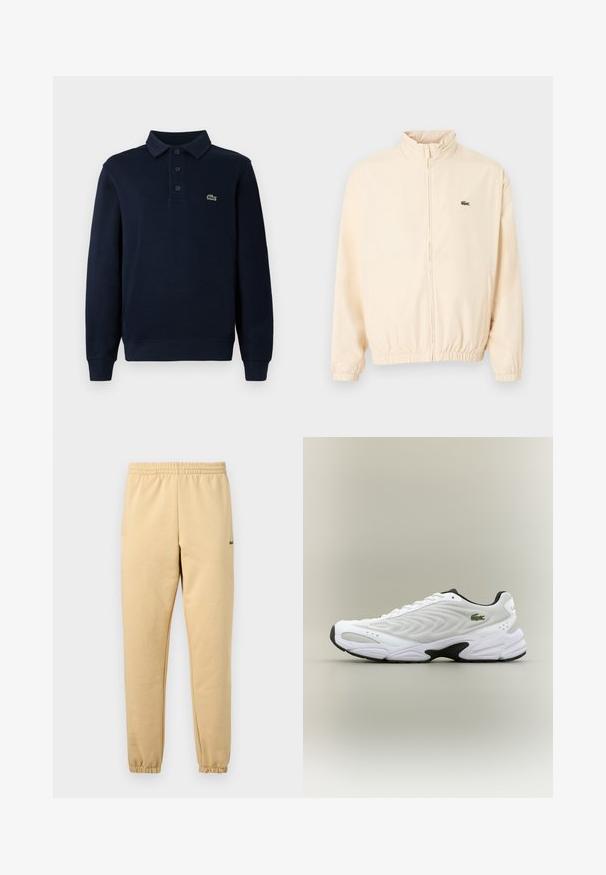 Veste beige à fermeture éclair avec poignets et ourlet élastiques, col montant, et petit logo crocodile vert sur le côté gauche de la poitrine.; Polo à manches longues bleu marine avec patte de boutonnage et petit logo de crocodile vert sur la poitrine.; Pantalon de jogging beige avec taille élastique et poignets, arborant un petit logo crocodile vert brodé sur la cuisse droite.; Baskets de sport blanches avec un dessus en mesh texturé, un design courbé et une semelle noire contrastante. Présente un logo brodé vert sur le côté.