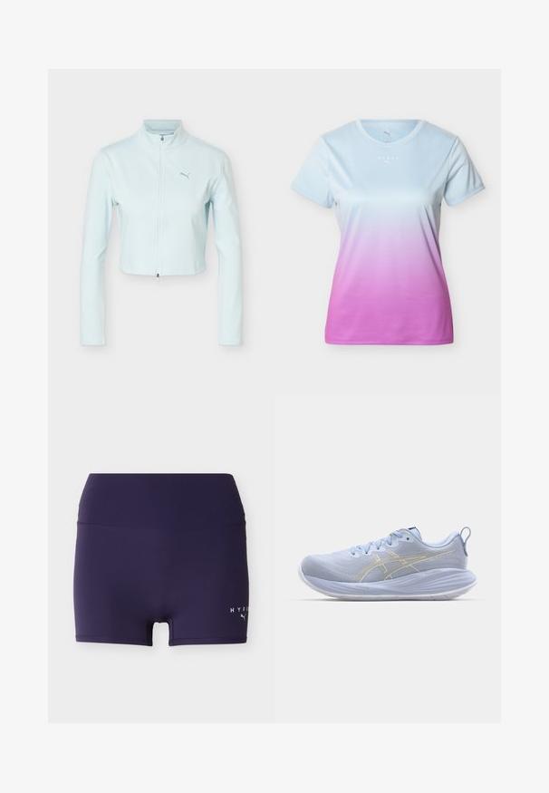 Hellblaue, kurz geschnittene Jacke mit langen Ärmeln, hohem Kragen, Reißverschluss vorne und Puma-Logo auf der linken Brust.; Damen-Athletik-T-Shirt mit kurzen Ärmeln, Farbverlauf von Hellblau zu Pink, Rundhalsausschnitt und kleinen weißen "HYROX"- und Puma-Logos auf der Brust.; Marineblaue, eng anliegende Sportshorts mit breitem Bund und kleinem Puma Hyrox-Logo am unteren rechten Bein.; Helleblaue Sportchuhe mit einem strukturierten Obermaterial, weißer Sohle und goldenen Akzentstreifen. Zu den Merkmalen gehören Schnürsenkel und eine Zuglasche an der Rückseite.