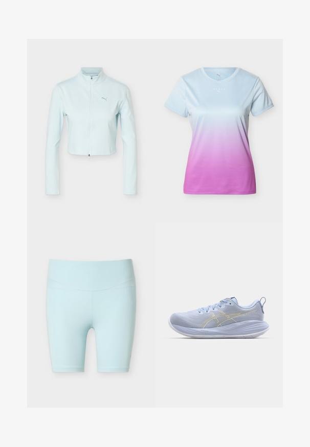 Lichtblauw cropped jack met lange mouwen, hoge kraag, ritssluiting aan de voorkant en Puma-logo op de linkerborst.; Dames sport T-shirt met korte mouwen, lichtblauw naar roze verloop, ronde hals en kleine witte "HYROX" en Puma-logo's op de borst.; Lichtblauwe, hooggetailleerde atletiekshorts tot aan de knieën met platte naden, ontworpen voor comfort en flexibiliteit.; Lichtblauwe sport schoenen met een gestructureerde bovenkant, witte zool en gouden accentstrepen. Kenmerken zijn onder andere veters en een trekhaak aan de achterkant.