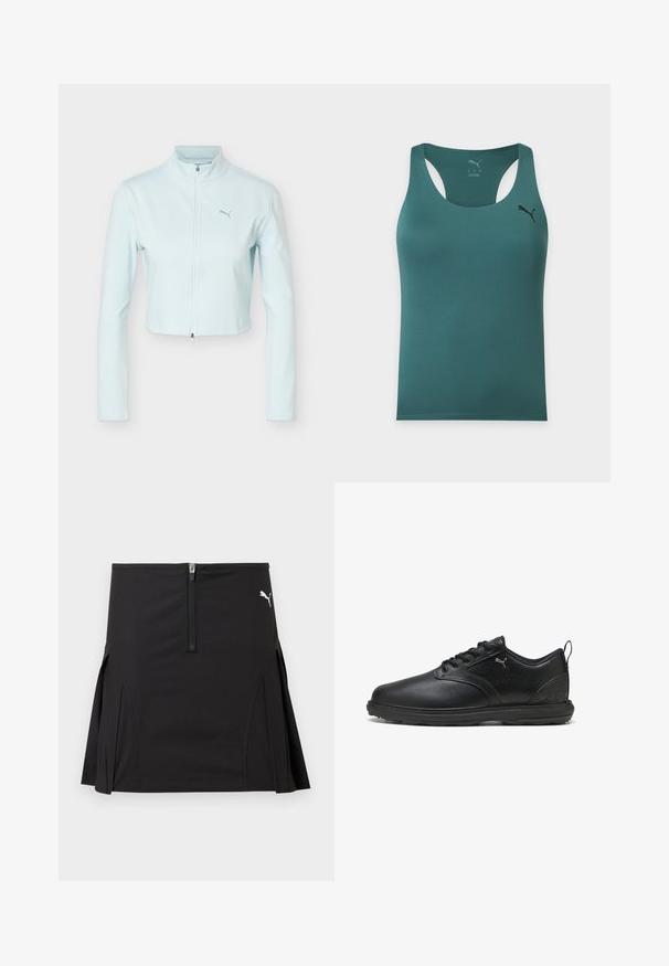 Chaqueta corta azul claro con mangas largas, cuello alto, cremallera frontal y logo de Puma en el pecho izquierdo.; Camiseta deportiva sin mangas de color verde azulado con diseño racerback y pequeño logo negro de Puma en la parte superior izquierda del pecho.; Falda deportiva negra con cremallera frontal y pliegues laterales, con un logo blanco de Puma en la parte superior derecha.; Zapato de cuero negro con un acabado suave, panel lateral texturizado, diseño de cordones y cuello acolchado. Presenta un logo sutil y acentos con patrón.