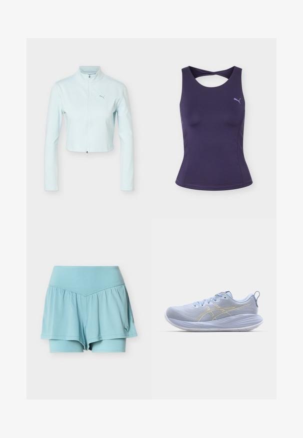 Veste courte bleu clair à manches longues, col montant, fermeture éclair à l'avant, et logo Puma sur le côté gauche de la poitrine.; Débardeur de sport violet sans manches avec un détail torsadé dans le dos et un petit logo Puma violet clair sur la poitrine.; Shorts de sport bleu clair avec des leggings de compression intégrés et un petit logo Puma sur le côté inférieur droit.; Baskets de sport bleu clair avec une tige texturée, semelle blanche et rayures dorées. Elles comprennent des lacets et une languette à l'arrière.